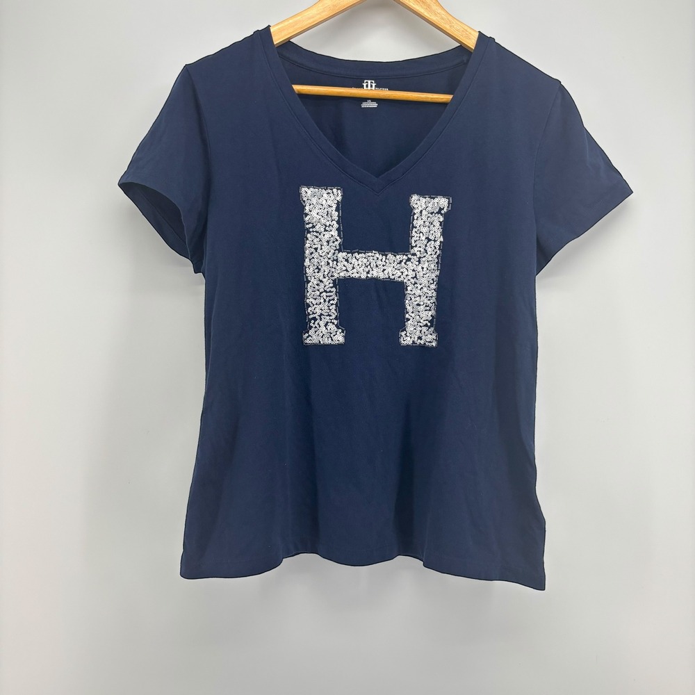 Tommy‎ Hilfiger Women Top Navy Blue Sequin Embellished V-Neck Short Sleeve Large